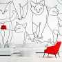 Fototapetti - Cat lineart - minimalist sketches of black cats on white background