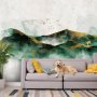 Fototapetti - Abstract landscape - green mountains with golden patterns and birds