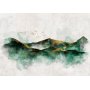 Fototapetti - Abstract landscape - green mountains with golden patterns and birds