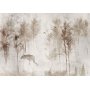 Fototapetti - Among the trees - landscape in grey tones in fog in a clearing with birds