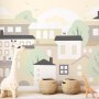 Fototapetti - Yellow town - city suburb with trees and cats for children