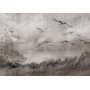 Fototapetti - Swan flight - abstract landscape of birds over a lake with texture