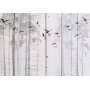 Fototapetti - Minimalist motif - black birds on a white background with wood texture