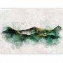 Fototapetti - Abstract landscape - green mountains with golden patterns and birds