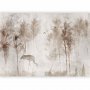 Fototapetti - Among the trees - landscape in grey tones in fog in a clearing with birds