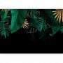 Fototapetti - Jungle and composition - motif of green and golden leaves on a black background