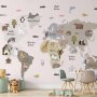 Fototapetti - Pastel Map - Animals and Continents for Childrens Room