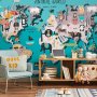 Fototapetti - Geography lesson for children - colourful world map with animals