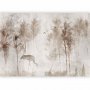 Fototapetti - Among the trees - landscape in grey tones in fog in a clearing with birds