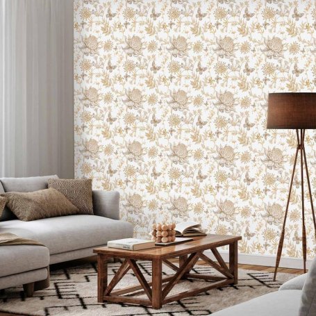 Tapetti - Beige flowers and butterflies on white background