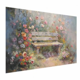 Juliste - Flowery bench - impressionist painting full of flowers