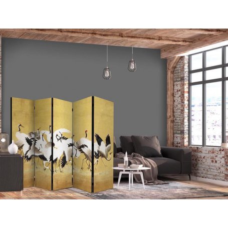 Sermi - Japanese cranes - a flock of birds against a golden background based on a painting by Ishida Yūtei