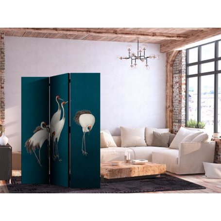 Sermi - Evening by the pond - a group of cranes drawn with dry pastels on a dark turquoise background