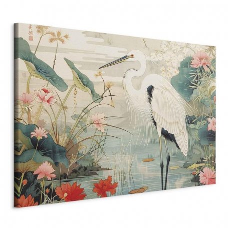 XXL-kuva - By an Asian pond - an illustration in the style of a Japanese engraving, depicting a heron