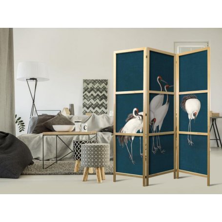 Japanilainen sermi - Evening by the pond - a group of cranes drawn in dry pastel on a dark turquoise background