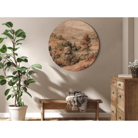 Pyöreä taulu - Mediterranean landscape - old tapestry with a hill and a lake