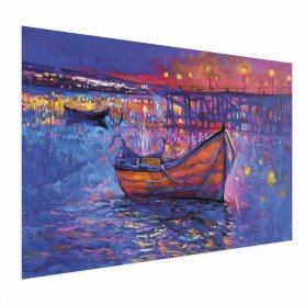 Juliste - Modern impressionism - night landscape of a lake with a floating boat