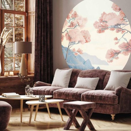 Pyöreä seinämaalaus - Ocean, cliffs and trees, a delicate motif in pastel colours