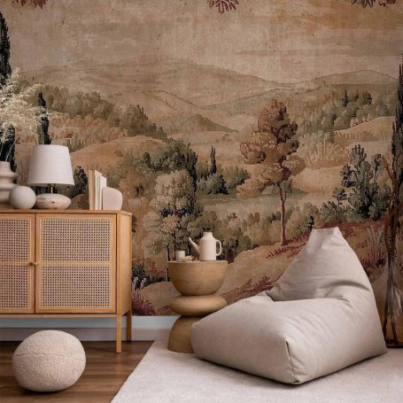 Fototapetti - Mediterranean landscape - old tapestry with a hill and a lake