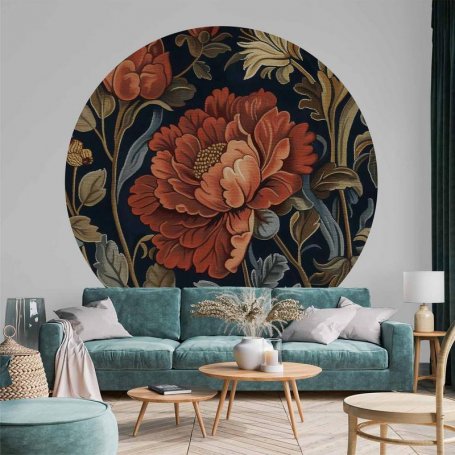 Pyöreä seinämaalaus - Tapestry-style large retro flowers