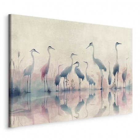Taulu - Birds by the lake - herons painted in watercolour in delicate grey and pink colours