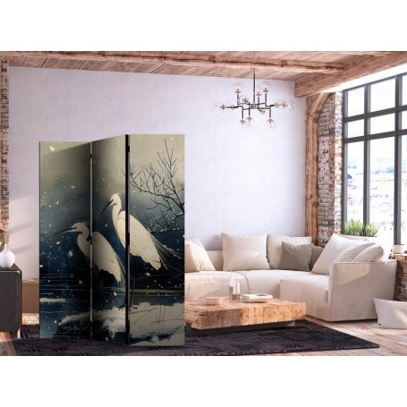 Sermi - Herons over a winter pond - Japanese-style illustration in dark colours