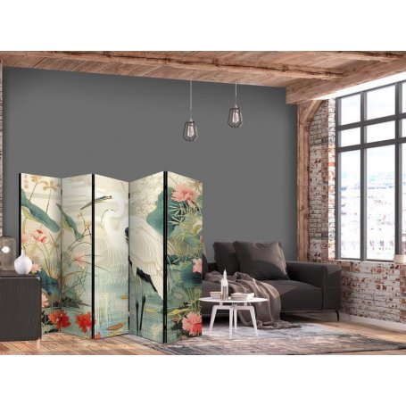 Sermi - By an Asian pond - an illustration in the style of a Japanese engraving, depicting a heron