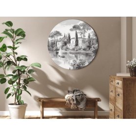 Pyöreä taulu - Black and white vintage landscape with a pond