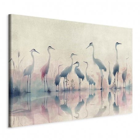 XXL-kuva - Birds by the lake - herons painted in watercolour in delicate grey and pink colours