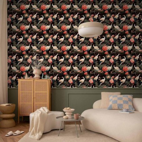 Tapetti - Ornament with birds - silhouettes of cranes and peony flowers on a dark background