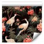 Tapetti - Ornament with birds - silhouettes of cranes and peony flowers on a dark background