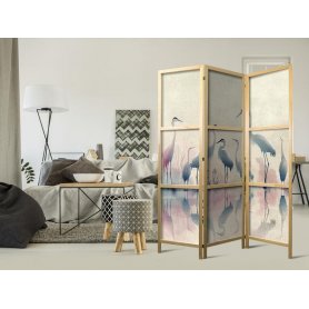 Japanilainen sermi - Birds by the lake – herons painted in watercolours in delicate grey and pink colours