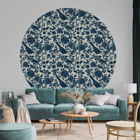 Pyöreä seinämaalaus - Birds and roses - monochrome blue pattern with botanical motif