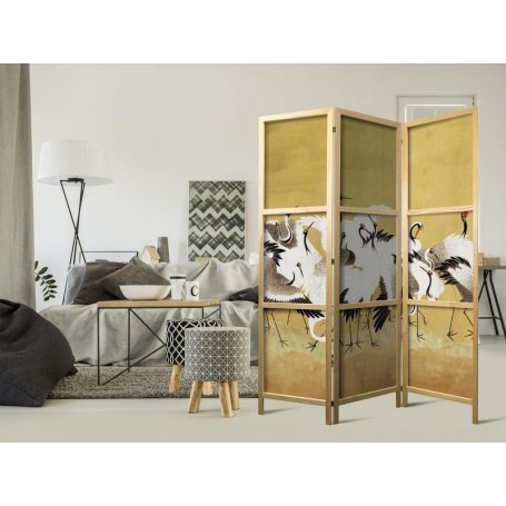 Japanilainen sermi - Japanese cranes - a flock of birds against a golden background based on a painting by Ishida Yūtei