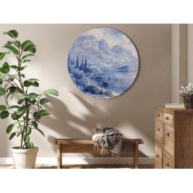Pyöreä taulu - Blue bay - Italian landscape of Lake Como painted with blue ink