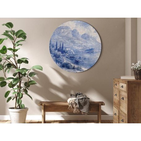 Pyöreä taulu - Blue bay - Italian landscape of Lake Como painted with blue ink