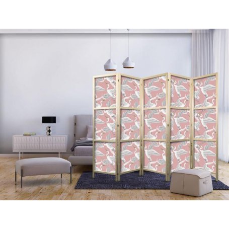 Japanilainen sermi - Pastel birds - a delicate pattern of white and grey herons on a light pink background