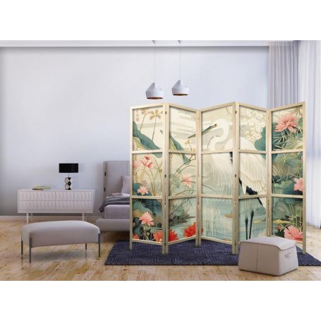 Japanilainen sermi - By an Asian pond - an illustration in the style of a Japanese engraving, depicting a heron