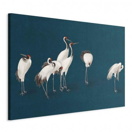 XXL-kuva - Evening by the pond - a group of cranes drawn in dry pastel on a dark turquoise background