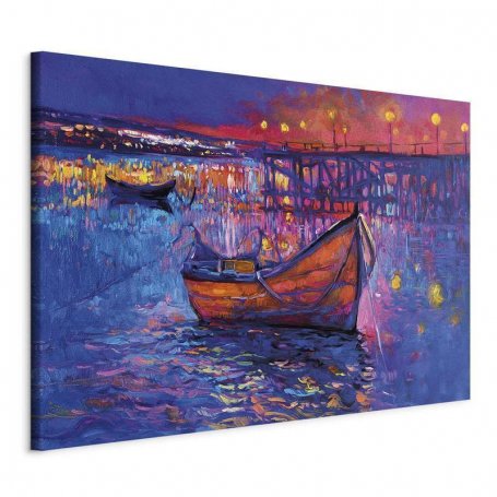 XXL-kuva - Modern impressionism - night landscape of a lake with a floating boat