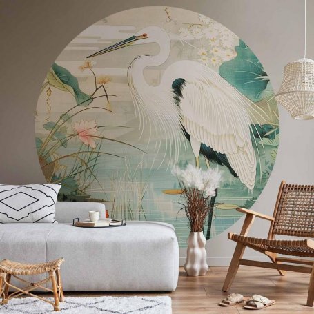 Pyöreä seinämaalaus - By an Asian pond - an illustration in the style of a Japanese engraving, depicting a heron