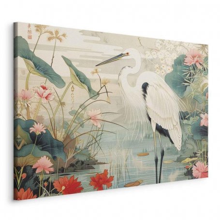 Taulu - By an Asian pond - an illustration in the style of a Japanese engraving, depicting a heron
