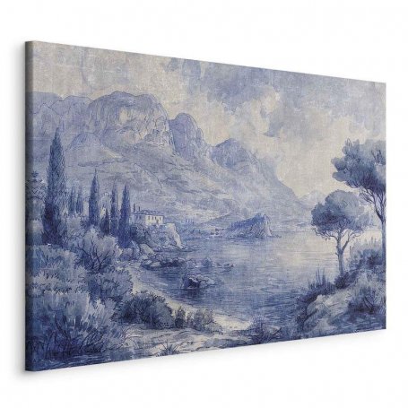 Taulu - Blue Bay - Italian landscape of Lake Como painted with blue ink