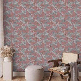 Tapetti - Pastel birds – a delicate pattern of white and grey herons on a light pink background