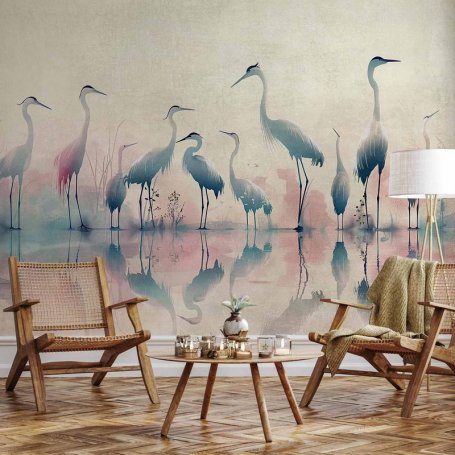 Fototapetti - Birds by the lake - herons painted in watercolour in delicate grey and pink colours