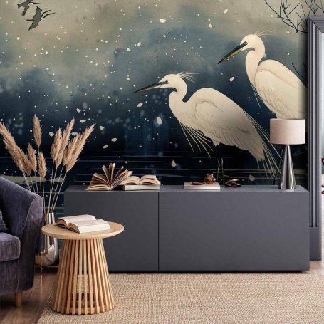 Fototapetti - Herons over a winter pond - Japanese-style illustration in dark colours