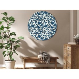 Pyöreä taulu - Birds and roses - monochrome blue pattern with botanical motif