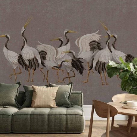 Fototapetti - Crane dance – bright silhouettes of birds against a warm grey background with texture