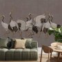 Fototapetti - Crane dance – bright silhouettes of birds against a warm grey background with texture