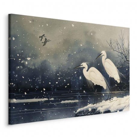 Taulu - Herons over a winter pond - Japanese-style illustration in dark colours